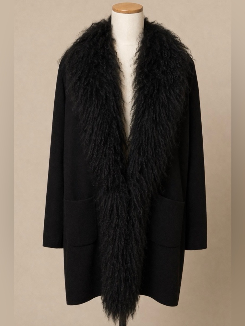 Alashan Black Merino Wool Cardigan Sweater with Lamb Fur Trim